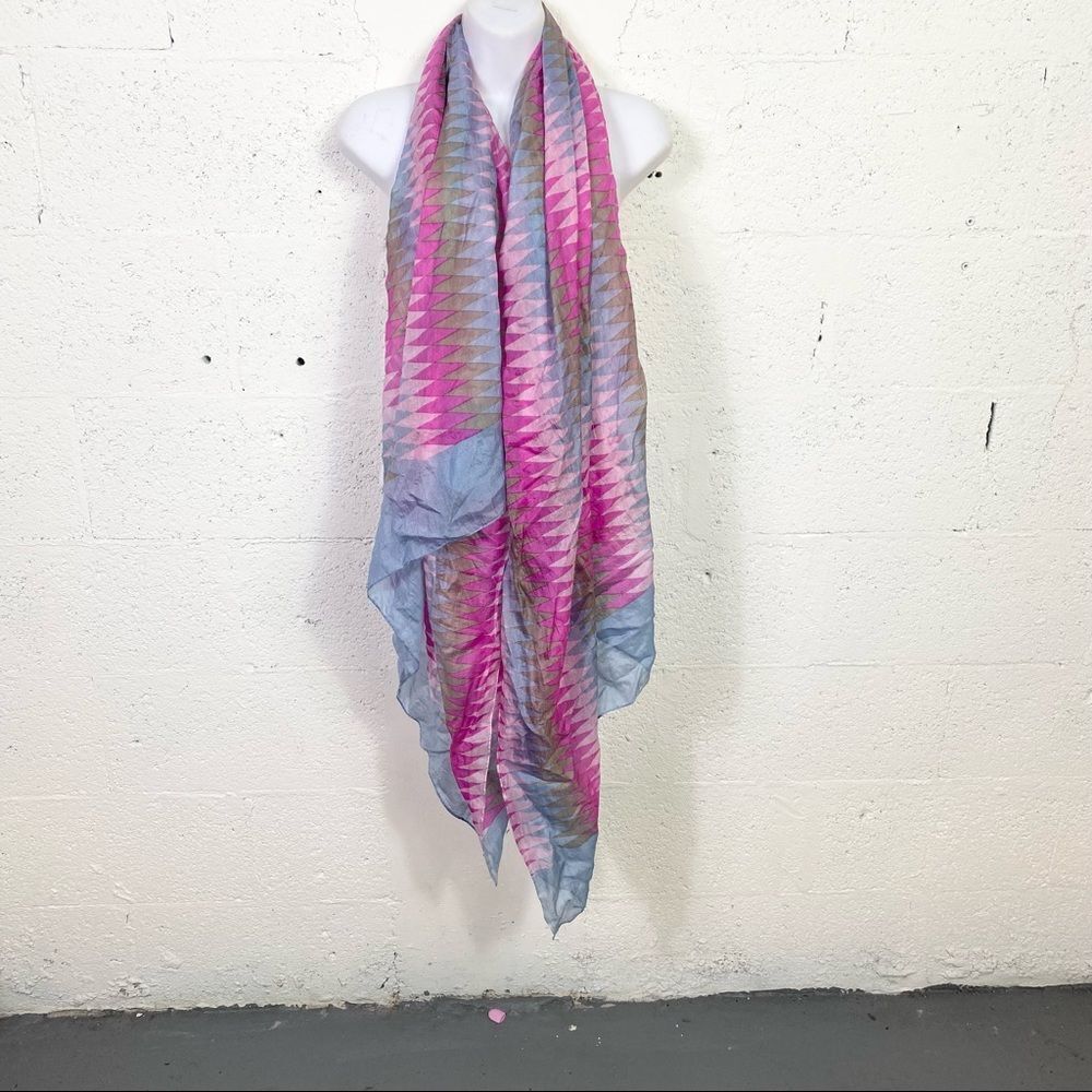 SilkLine 100% silk pink blue and tan geometric print long scarf wrap